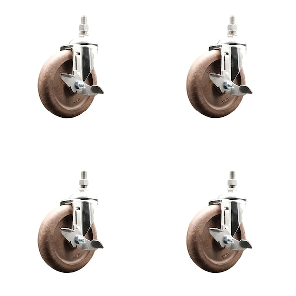 Service Caster 5 Inch 316SS High Temp Glass Filled Nylon 3/8 Inch Stem Caster Set Brake SCC SS316TS20S514-GFNSHT-TLB-381615-4 - main